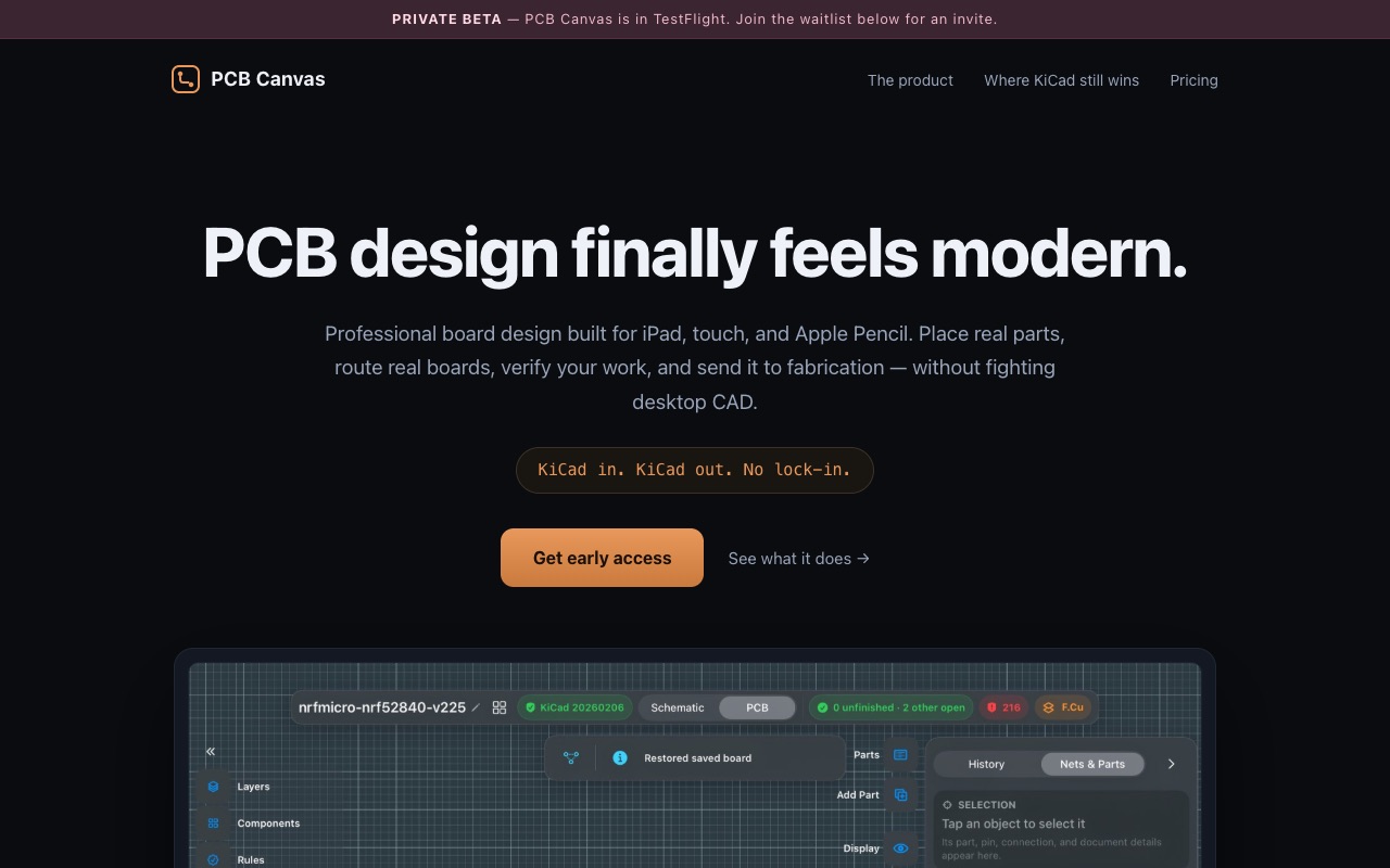 pcbcanvas.dev: PCB Canvas landing page showing the iPad layout editor with a KiCad-compatible nRF52840 board open